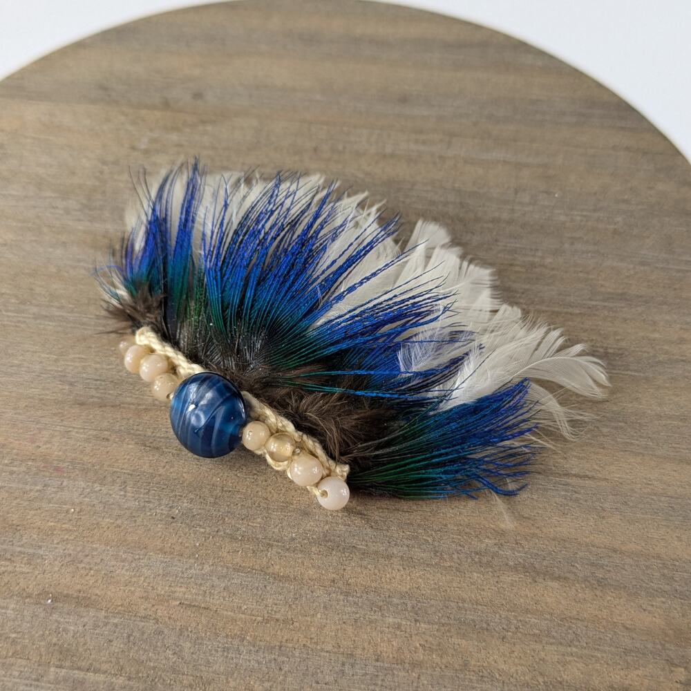 Genuine Feather Hair Clip Handmade Blue White Flapper Peacock Snap Barrette 20s